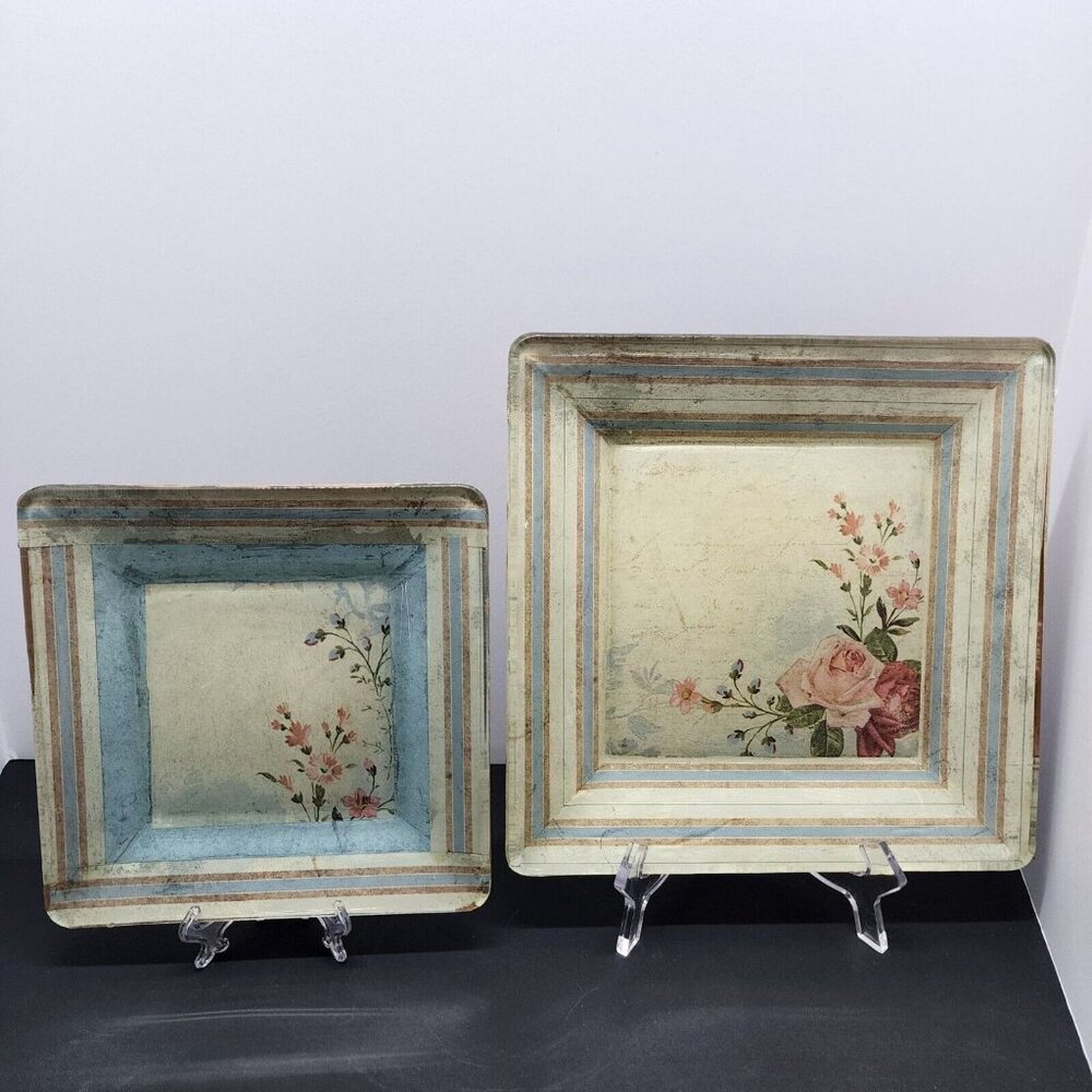 Handmade Unique Mod Podge Square Glass Plates Set Flower Design - Set of 2